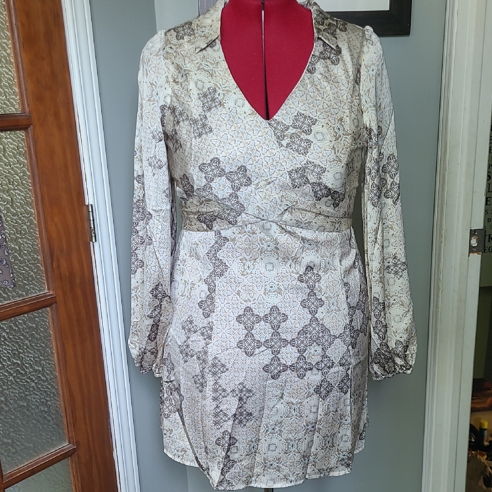 New Promesa Elegant Cream and Brown Patterned Dress Size M